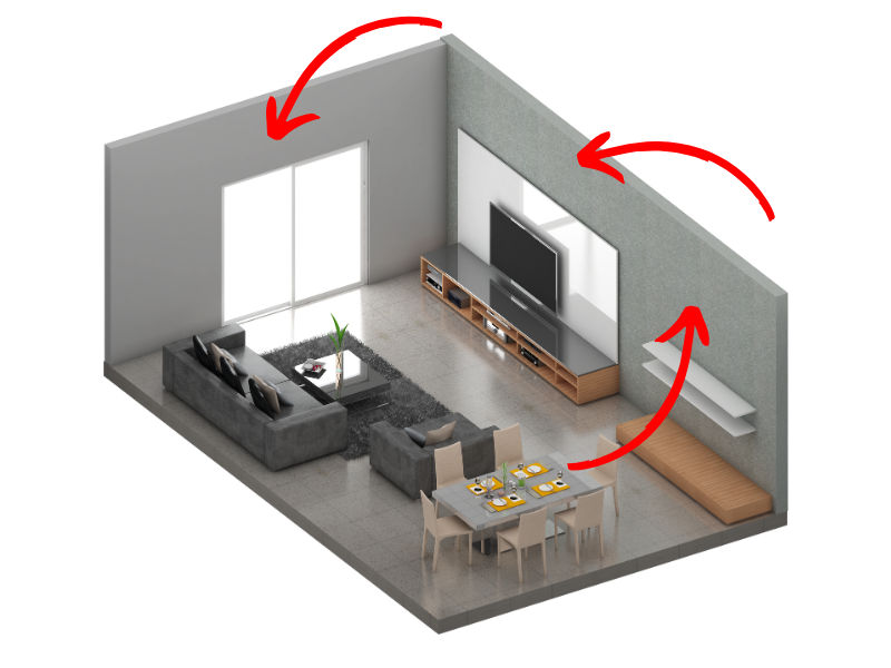 Modern living room with arrows point to different areas an air conditioner can be placed.