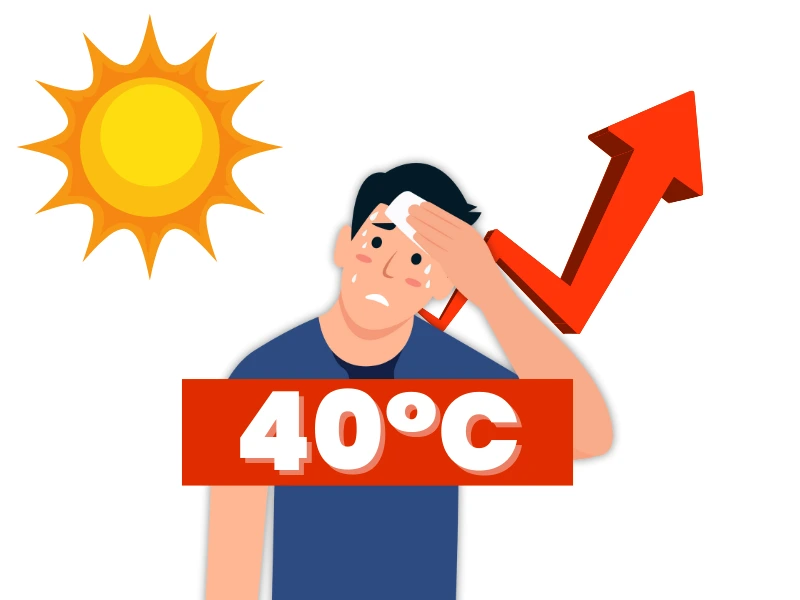 cartoon man sweating from hot sun, temperatures over 40 degrees.