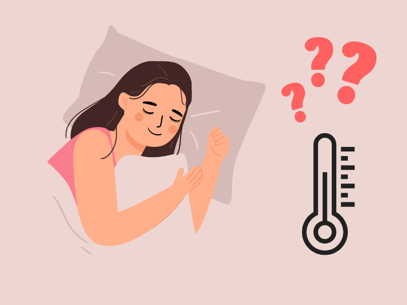 graphic of sleeping lady with thermostat and question marks.